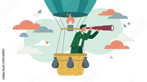 Businessman in hot air balloon searching for new business opportunities