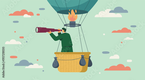 Businessman in hot air balloon searching with a telescope illustration