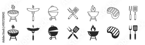 Barbecue grill bbq cooking food and outdoor kitchen utensil icon set in line black style vector illustration isolated on transparent background