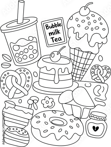 Cute cartoon sweet snacks and bubble milk tea doodle coloring page for kids cad drawing flat vector illustration with comma