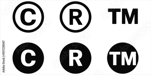 Copyright Trademark Registered Symbols In Black And White Circles And Text vector illustration