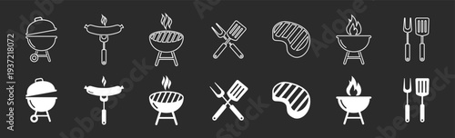 Grill barbecue bbq food cooking and outdoor utensil icon pack in minimal black style vector illustration