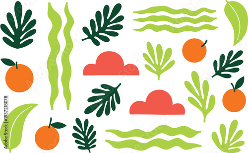 Abstract Tropical Leaf and Orange Fruit Vector Set with Organic Shapes, Waves, and Modern Botanical Elements for Summer Pattern and Nature Designs