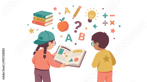 Children reading and learning with educational symbols and school supplies