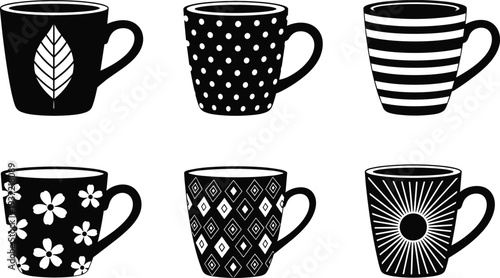 Decorative coffee mug silhouette set, patterned tea cup collection with floral, striped, dotted designs, black vector drinkware icons for cafe kitchen