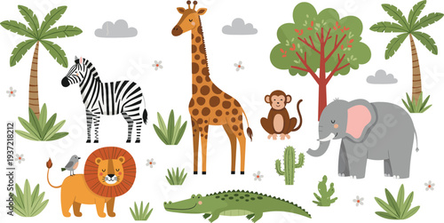 African Safari Animals Vector Set with Lion Elephant Giraffe Zebra Monkey Crocodile Palm Trees and Jungle Wildlife Cartoon Illustration Collection