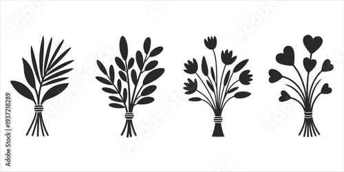 Four black silhouette bouquets of stylized plants and flowers tied with string botanical floral