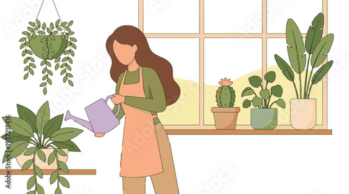 Woman in apron watering houseplants by a bright window, indoor gardening