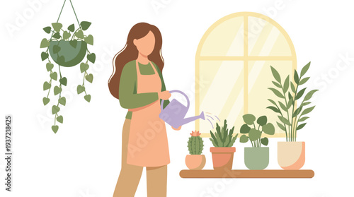 Woman watering houseplants by a window, engaging in indoor gardening hobby.