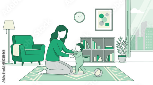 Mother helping baby take first steps in a bright, modern living room