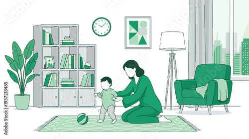 Mother helping toddler learn to walk at home, family support illustration