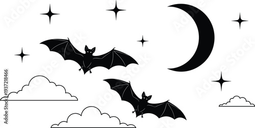 Halloween bats flying with crescent moon and stars, spooky night sky silhouette, horror wildlife scene, dark Halloween vector illustration
