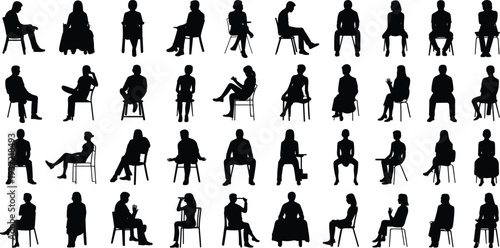 Large Collection of Black Silhouettes of People Sitting in Various Poses on White Background Keywords: people, silhouette