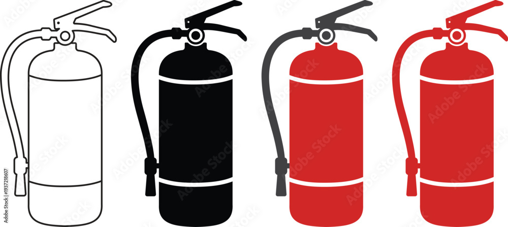 Obraz premium Fire extinguisher icon set. Fire safety equipment for emergency protection vector isolated on transparent background. Professional firefighting tools for industrial and home security design.