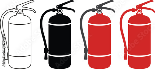 Fire extinguisher icon set. Fire safety equipment for emergency protection vector isolated on transparent background. Professional firefighting tools for industrial and home security design.