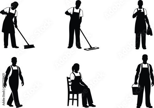 Janitor and cleaning service silhouette set showing workers sweeping, mopping, and holding cleaning supplies for home and office maintenance