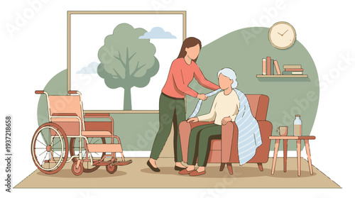 Caregiver covering elderly senior woman with blanket in home, compassion