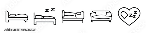 Sleepy time icons with cozy beds and heart symbol
