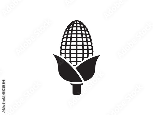 Black and white illustration of an ear of corn with leaves