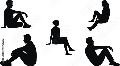 Silhouettes of five people sitting in various relaxed poses on a white background vector illustration