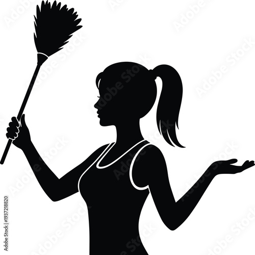 Housemaid cleaning silhouette, woman holding feather duster, housekeeping concept, domestic worker, home cleaning service, minimal black icon isolated household chores hygiene illustration