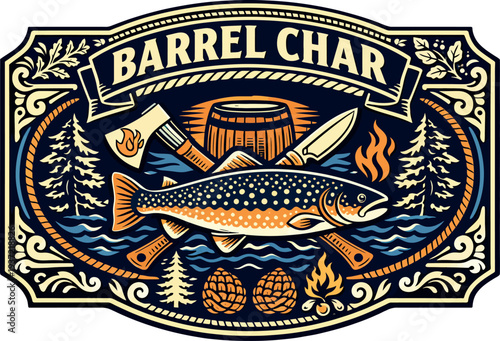 Barrel Char Wild Trout Fishing Label Vector