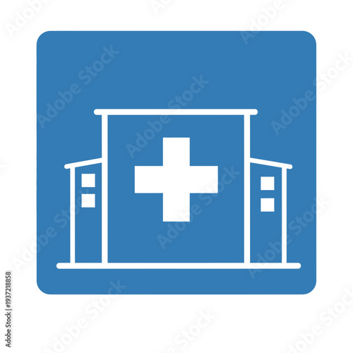 Minimalist hospital building icon in blue with a white cross, enclosed in a rounded square, symbolizing medical care and health.