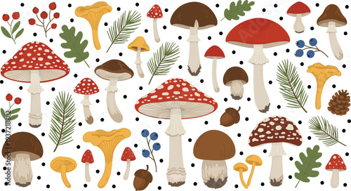 Autumn forest mushroom seamless pattern with toadstools, chanterelles, leaves, berries, pine branches, and acorns botanical vector background