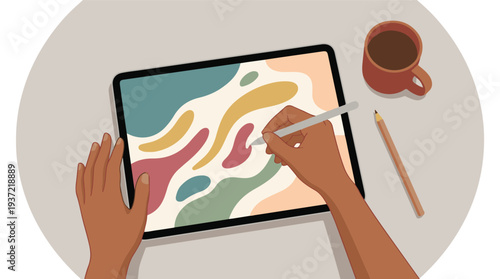 Creative hands drawing abstract art on a digital tablet with a stylus