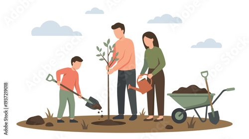 Family Gardening: Parents and Son Planting a Young Tree Together