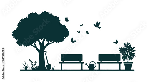 Garden park scene with tree, benches, and flying birds and butterflies silhouette