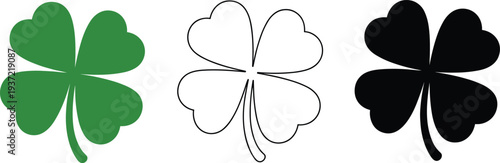 Three four-leaf clover icons in green, outline, and black on a white background luck lucky