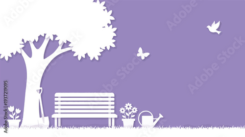 Minimalist paper cut garden scene with tree, bench, flowers, bird
