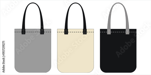Three tote bags in grey beige and black with black handles on white background shopping bag canvas bag