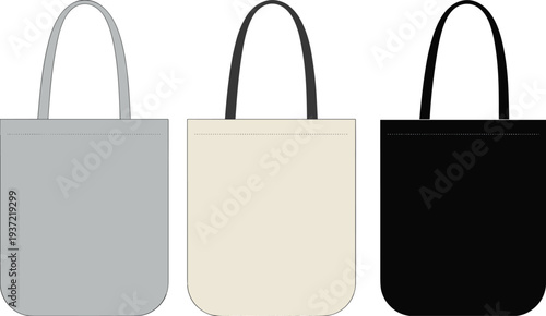 Three tote bags in grey beige and black with black handles on white background shopping bag canvas bag