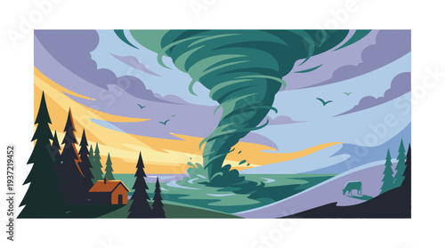 Dramatic waterspout tornado in a scenic natural landscape with forest