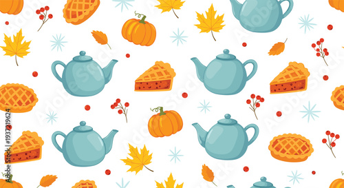 Autumn seamless pattern with teapot, pumpkin pie, fall leaves, berries, and cozy seasonal food vector background