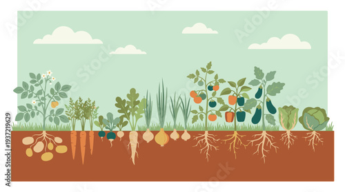 Variety of garden vegetables growing in soil with visible root systems