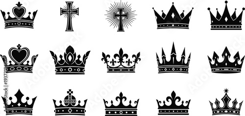 Royal crown collection with cross symbols, vintage monarchy crowns set, heraldic royal emblems, king queen crown icons, luxury regal silhouette vector illustration