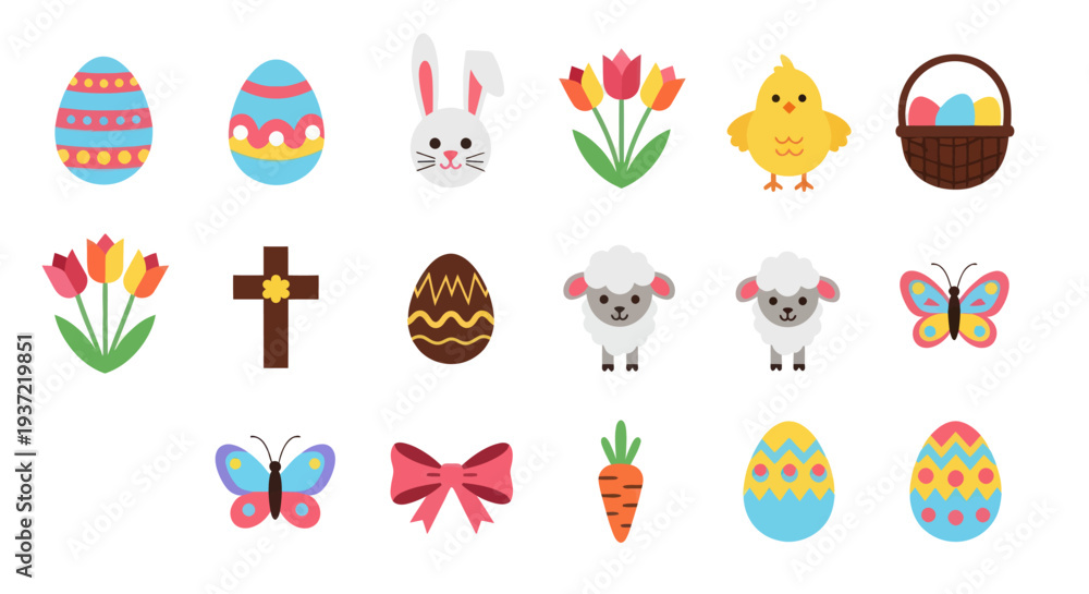 Fototapeta premium Easter icons eggs bunny chicks and flowers