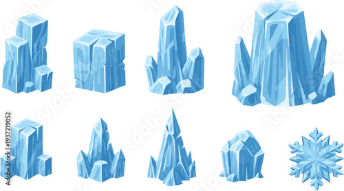 Blue ice crystal and glacier rock collection with frozen formations, icy cliffs, and snowflake winter vector illustration