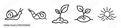 Minimalist line art of snails and plants growing under sunshine