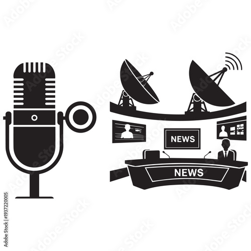 Four different vintage microphones on stands in black and white