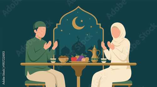 Muslim couple praying at Iftar table with dates and fruits during Ramadan