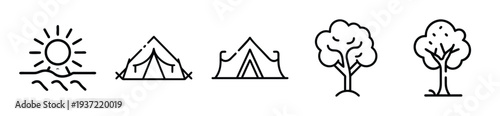 Camping icons with tent, trees, and sunny weather for outdoor adventure