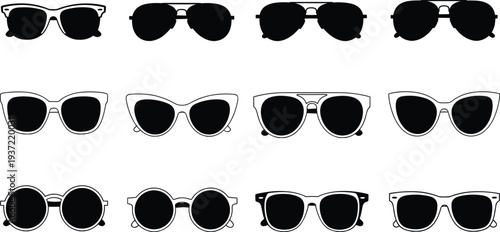 Sunglasses silhouettes collection, fashion eyewear styles set, retro and modern sun glasses icons, black optical frames isolated vector illustration