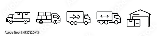 Delivery trucks and warehouse loading icons for logistics and transportation concepts