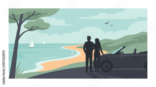 Couple with convertible car on scenic coastal road trip