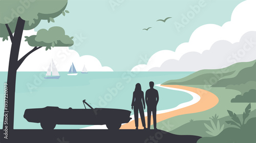 Coastal road trip scene with couple, classic convertible, and ocean view