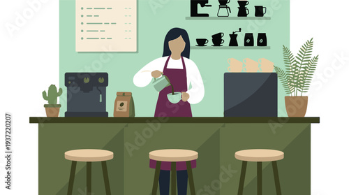 Barista pouring fresh coffee into a cup behind a counter in a cafe